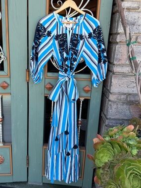 Figue Blue Striped Embroidered Bird Floral Motif Tie-Waist Maxi Dress- XS